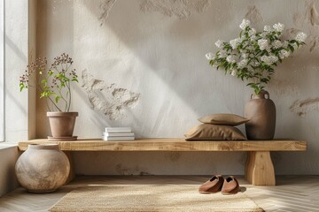 Minimalist composition of cozy living room interior with wooden bench, plants in flowerpots, wall with stucco, books, brown slippers, round box and personal accessories. Home decor Template.
