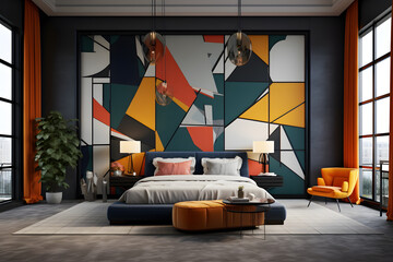 A bedroom with geometric patterned accent wall