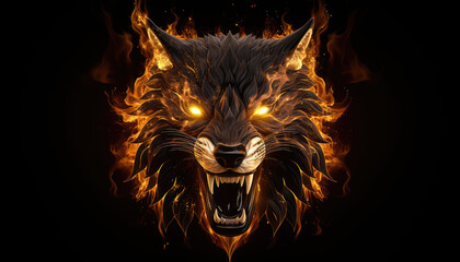 Gold fire and flames textured agressive wolf head isolated on clear black background - obrazy, fototapety, plakaty