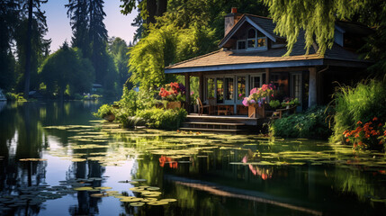 A serene boathouse near a placid lake, amidst verdant foliage, creating a tranquil lakeside sanctuary.