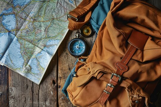 Adventure Essentials: Backpack, Map, and Compass on Wooden Surface