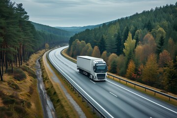 A semi-trailer driving along an asphalt highway through a colorful autumn forest, aerial view. The concept of cargo transportation, logistics.