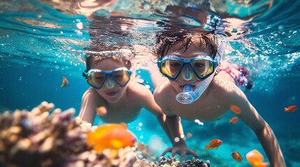 Naklejka premium Kids submersed in a snorkel.