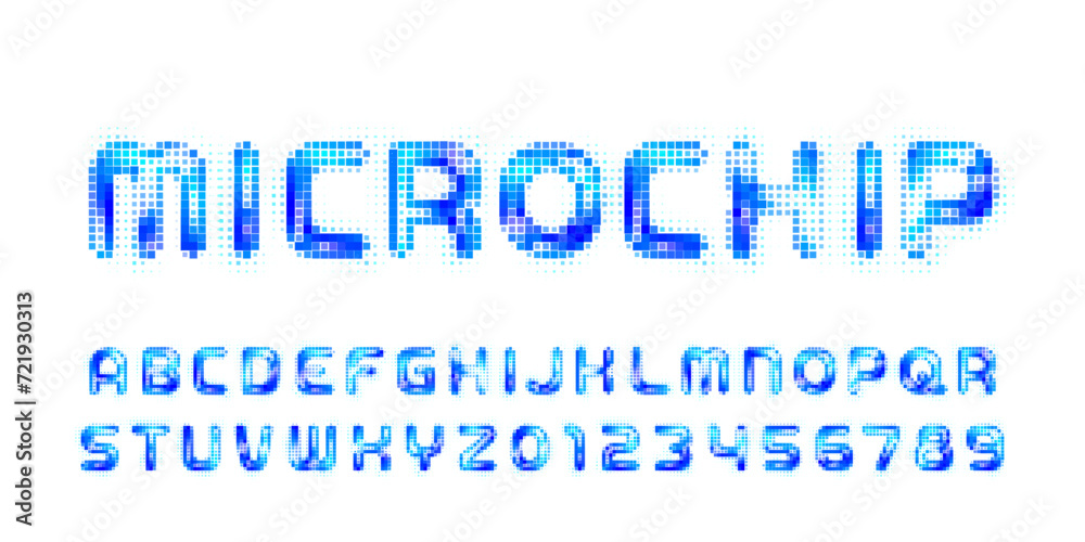 Poster microchip alphabet font. digital pixel letters and numbers. 80s retro arcade video game typeface.