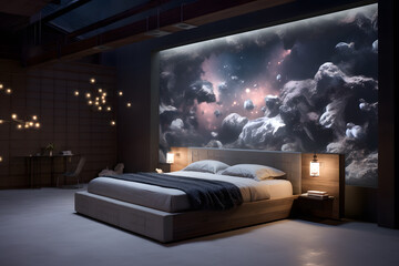 A bedroom with a wall mounted interactive art installation - obrazy, fototapety, plakaty