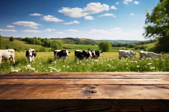 Vacant timber tabletop with meadow and cattle backdrop.