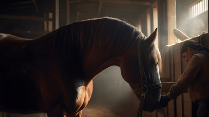 Fototapeta premium Intimate Equestrian Moment: Gentle Whisper Between Human and Horse AI-Generative
