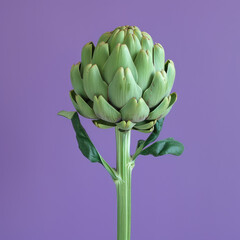 Fototapeta premium A single, fresh green artichoke stands out vividly against a solid purple background, showcasing its natural beauty and intricate structure.
