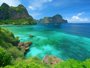 Tropical Island Beachscape in Light Emerald and Dark Crimson Splendor