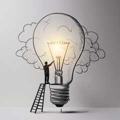Illuminating Ideas  , A Conceptual Artwork of a Person Lighting a Sketched Bulb