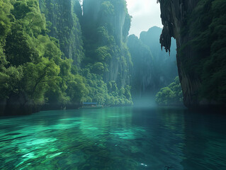Tropical Island Beachscape in Light Emerald and Dark Crimson Splendor