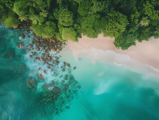 Tropical Island Beachscape in Light Emerald and Dark Crimson Splendor