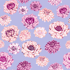 Abstract, artistic, feminine floral seamless pattern. Pastel stylized watercolor flowers peonies, dahlias on a blue background. Vector drawn illustration. Design for fabric, fashion, textile, print