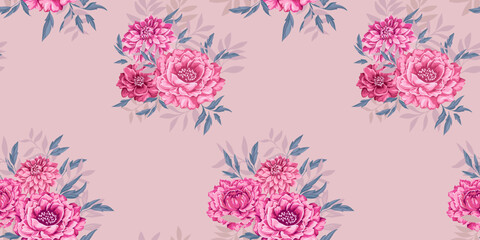 Artistic stylized isolated bouquets flowers peonies, dahlias, leaves and branches seamless pattern. Abstract colorful red pink ruddy floral on a beige background. Vector drawn elegance illustration