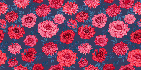 Fototapeta na wymiar Seamless pattern with stylized artistic flowers peonies, dahlias and tiny leaves. Abstract blooming meadow on a dark blue background. Colorful red ruddy floral tapestry. Vector drawn illustration.