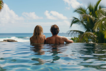 Loving couple on vacation in a luxury pool in summer time