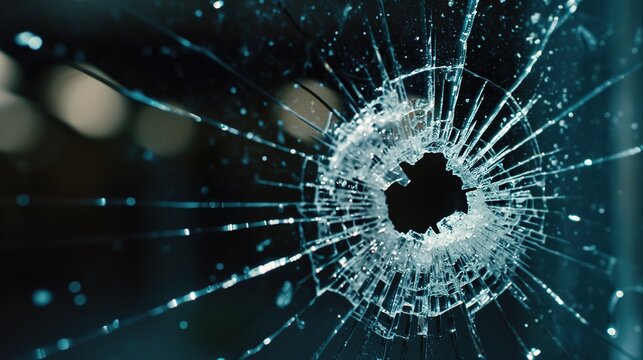 Hole in the broken window glass by a bullet shot. Circular cracks spreading around the hole. 