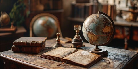 Fototapeta na wymiar Vintage geography globe and atlas and ancient manuscript in cupboard. Education in scientific exploration and historical geography. 