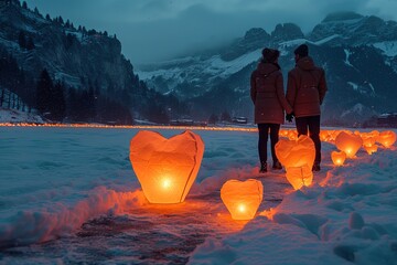 Couple releasing heart-shaped lanterns in a snowy mountain setting