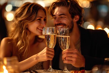 Couple toasting with champagne flutes in a dimly lit room - obrazy, fototapety, plakaty