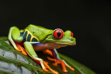 Fototapeta premium Red Eyed Tree Frog, Agalychnis Calidrids, on a Leaf with Black Background