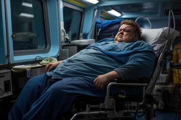 Fat man in wheelchair suffering from stomach ache at hospital ward. The concept of diet and weight loss. Overweight and obesity concept. Obesity Concept with Copy Space. - obrazy, fototapety, plakaty