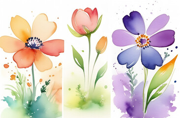 Flowers on a white background, painted with watercolors, splashes of paint of different colors
