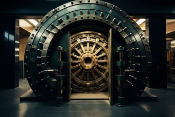 The imposing metal door stood tall and proud, guarding the secrets within the giant indoor chamber with its large, round shape and gleaming surface, its handle beckoning with the promise of adventure