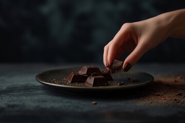 A close-up of a hand carefully picking a piece of fine chocolate from a curated selection on an...