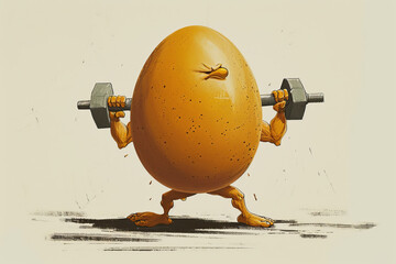 A comical illustration of an egg working hard and defying expectations as it lifts weights, showcasing determination and unexpected strength