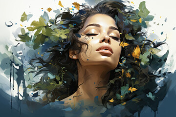 Serenity Unveiled: A Captivating Painting of Sensual woman with her eyes closed, surrounded by flowers and leaves