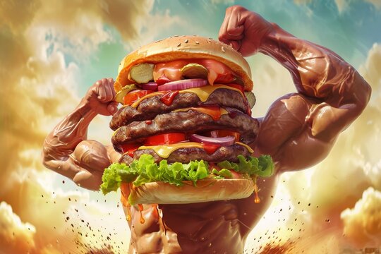 A beefy man proudly shows off his strength while indulging in a juicy, mouth-watering american classic - a towering burger complete with a fluffy bun and all the fixings