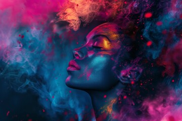 A vibrant human canvas, adorned with a swirling blend of magenta paint and smoke, evoking a sense of colorful artistry and boundless creativity