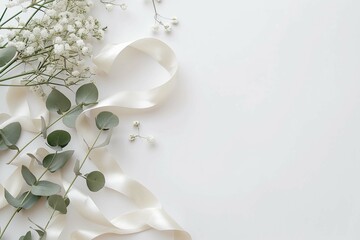 Styled stock photo. Feminine wedding desktop mockup with baby's breath Gypsophila flowers, dry green eucalyptus leaves, satin ribbon and white background. Empty space. Top view. Picture for blog.
