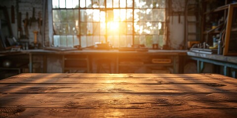 Vintage wooden table and workshop setting with sunlight and shadows in a retro mockup photo.