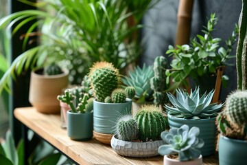 Fototapeta na wymiar Stylish composition of home garden interior filled a lot of beautiful plants, cacti, succulents, air plant in different design pots. Home gardening concept Home jungle. Copy spcae. Template