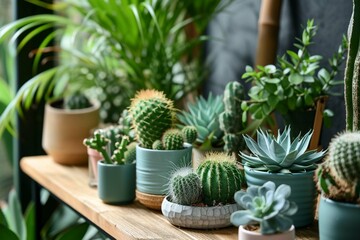 Stylish composition of home garden interior filled a lot of beautiful plants, cacti, succulents, air plant in different design pots. Home gardening concept Home jungle. Copy spcae. Template