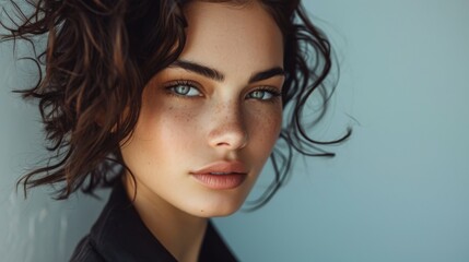 A captivating woman with freckles and long brown hair gazes confidently into the camera, her mesmerizing eyes framed by thick eyelashes and perfectly shaped eyebrows, while her rosy lips and flawless - obrazy, fototapety, plakaty