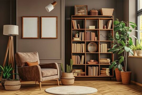 Stylish interior of living room with design brown armchair, wooden bookcase, pendant lamp, carpet décor, picture frames and elegant personal accessories in modern retro home décor. Template.