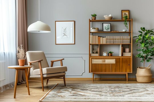 Stylish interior of living room with design brown armchair, wooden bookcase, pendant lamp, carpet décor, picture frames and elegant personal accessories in modern retro home décor. Template.