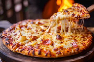 Wood fired bliss Hawaiian cheese pizza, capturing homemade comfort