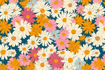 Fototapeta na wymiar Trendy floral seamless pattern illustration. Vintage 70s style hippie flower background design. Colorful pastel color groovy artwork, y2k nature backdrop with daisy flowers.