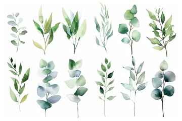Watercolor floral illustration set - green leaf branches bouquets collection, for wedding stationary, greetings, wallpapers, fashion, background. Eucalyptus, olive, green leaves, etc. High quality - Powered by Adobe