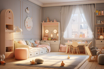 A childrens room with a playhouse - obrazy, fototapety, plakaty