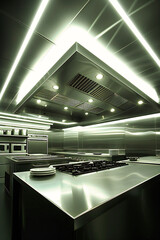 Industrial Kitchen with Metallic Equipment, Stainless Steel Oven, and Professional Design