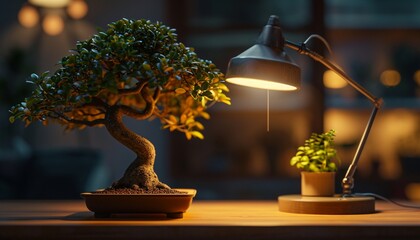 Bonsai tree bathed in the warm light of a desk lamp creating a cozy and intimate atmosphere in a contemporary indoor setting