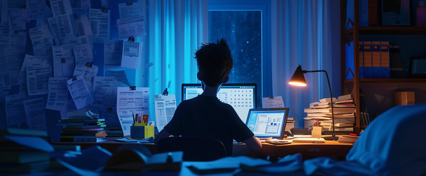 person sitting in a dim office at night, surrounded by tax guides, deduction forms, and a digital calendar with a deadline highlighted