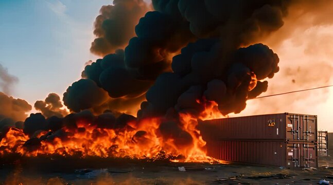 Scene of burning containers, container truck accident