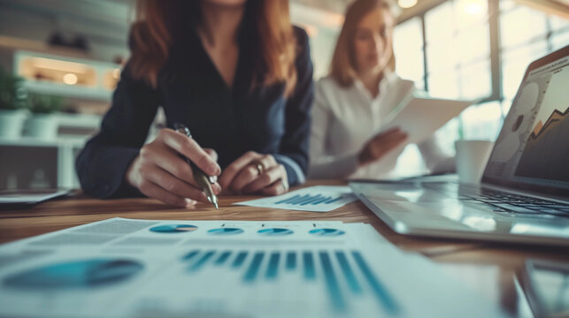 tax professional explaining deductions to a client, with visible charts and graphs, in a modern, well-lit financial advisory office