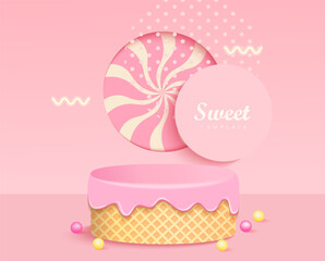 3D sweet podium,waffle stage covered fluid cream and round window shape with big candy lollypop.Design for sweet product display, promotion for kids,baby,girl products.Pastel pink minimal scene.Vector